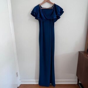 Adrianna Papell Blue Off Shoulder Flutter Sleeve Full Length Gown